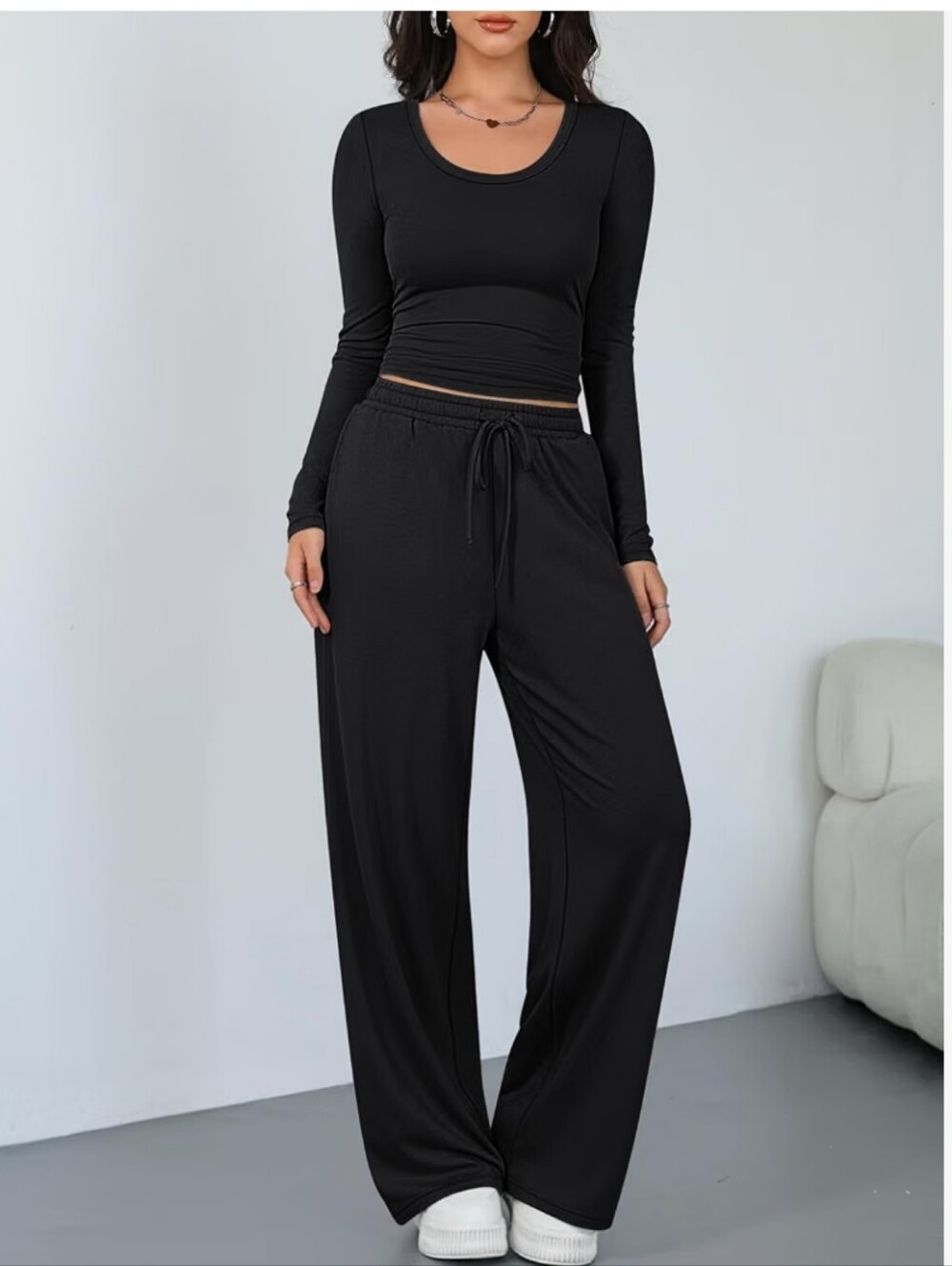 Women's Wide-Leg Drawstring Lounge Pants Set - Black Casual Dorm Travel XL